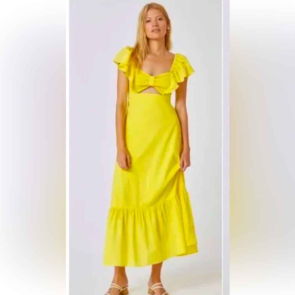 FARM Rio Yellow Ruffle Midi Dress with Bow - Picture 13 of 13